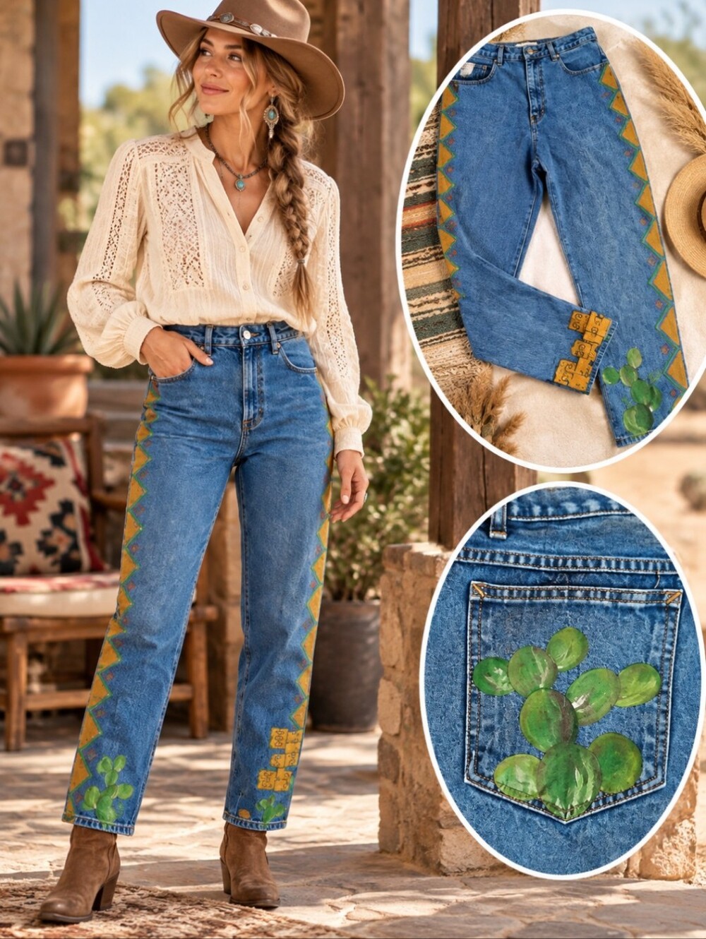 Vtg Bill Glass Hand Painted Southwest Jeans Art To Wear Stonewash Tapered W32